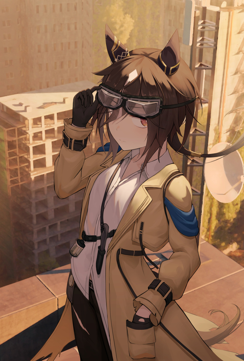 1girl, absurdres, adjusting_goggles, animal_ears, armband, black-framed_eyewear, blue_armband, brown_eyes