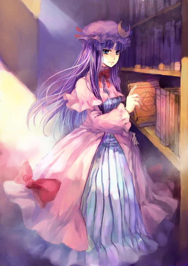 blue_eyes, blush, book, crescent, dress, hat, library, light