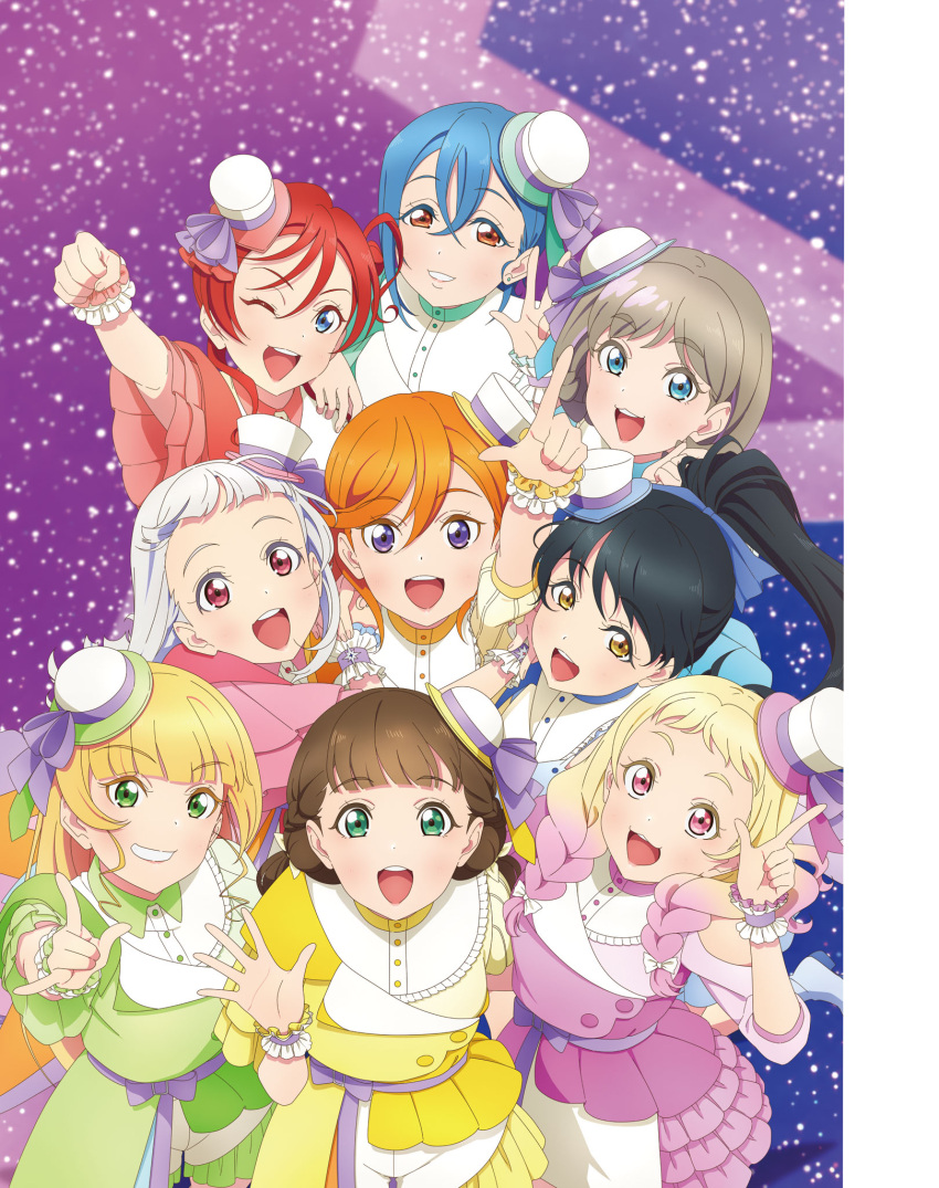 6+girls, arashi_chisato, artbook, belt, black_hair, blonde_hair, blue_eyes, blue_hair