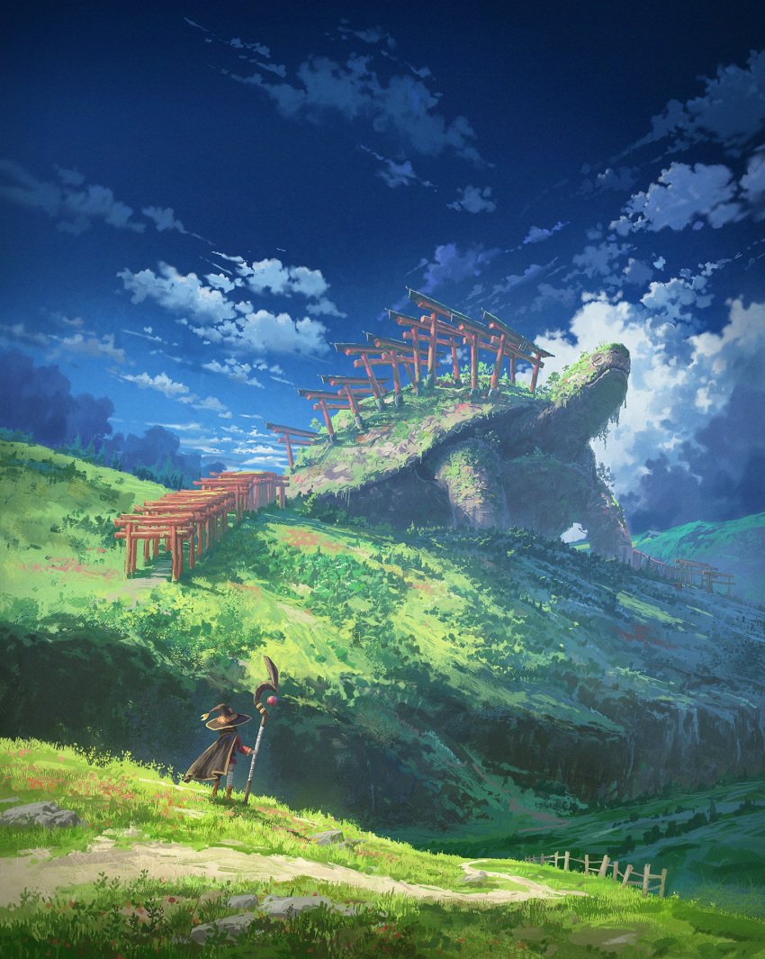 1girl, animal, bandaged_leg, bandages, blue_sky, cape, clouds, cyclecircle, dress, english_commentary, facing_away, fence, grass, hat, highres, holding, holding_staff, kono_subarashii_sekai_ni_shukufuku_wo!, megumin, multiple_torii, nature, outdoors, oversized_animal, path, red_dress, scenery, sky, staff, standing, torii, witch_hat