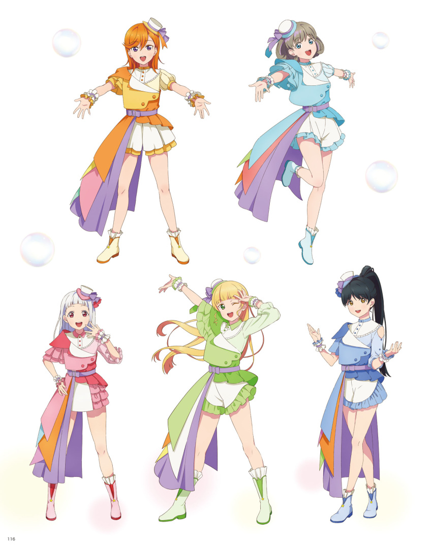 5girls, arashi_chisato, artbook, belt, black_hair, blonde_hair, blue_eyes, boots