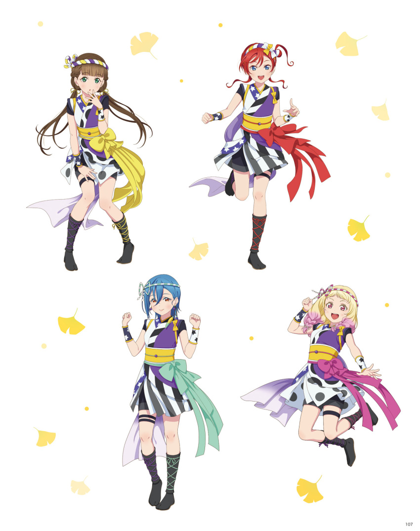 4girls, artbook, blonde_hair, blue_eyes, blue_hair, boots, bow, braid