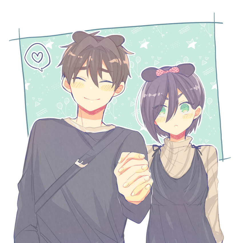 0miyap, 1boy, 1girl, ^_^, aijou_rentarou, aqua_eyes, black_dress, black_hair