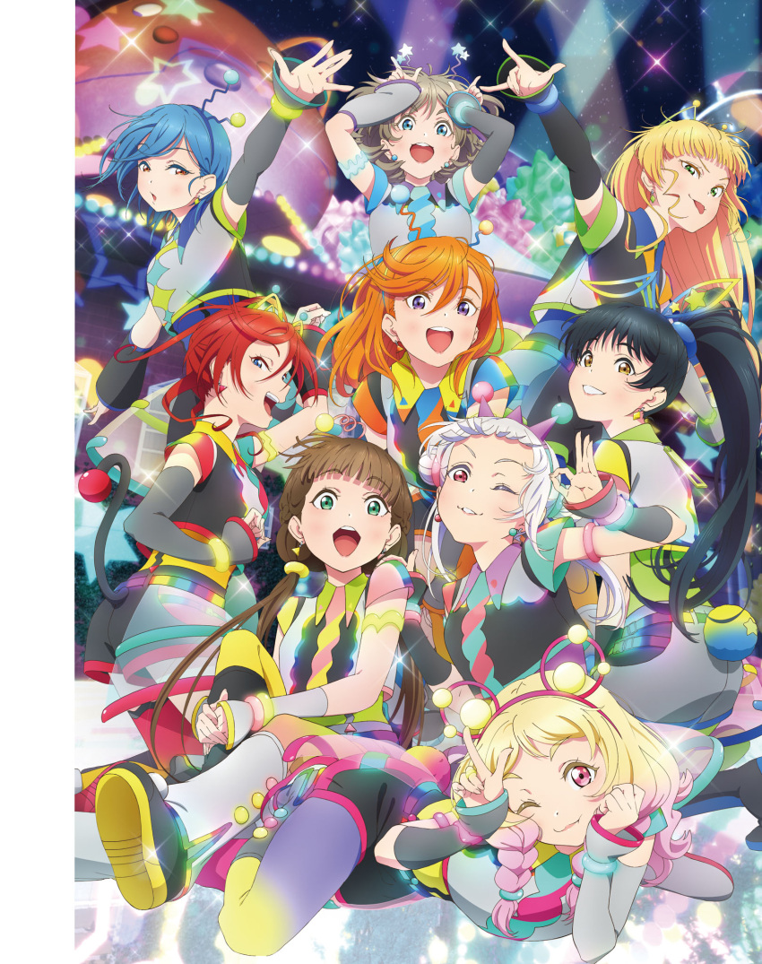 6+girls, arashi_chisato, artbook, asymmetrical_legwear, asymmetrical_sleeves, black_hair, blonde_hair, blue_eyes