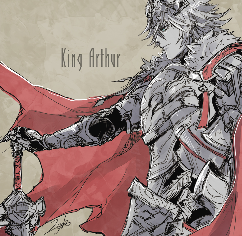 1boy, aqua_eyes, armor, brown_background, cape, character_name, closed_mouth, cowboy_shot, english_text, fur_trim, holding, holding_sword, holding_weapon, male_focus, nikosuke, partially_colored, profile, red_cape, solo, sword, sword_king_arthur_(grimms_notes), weapon