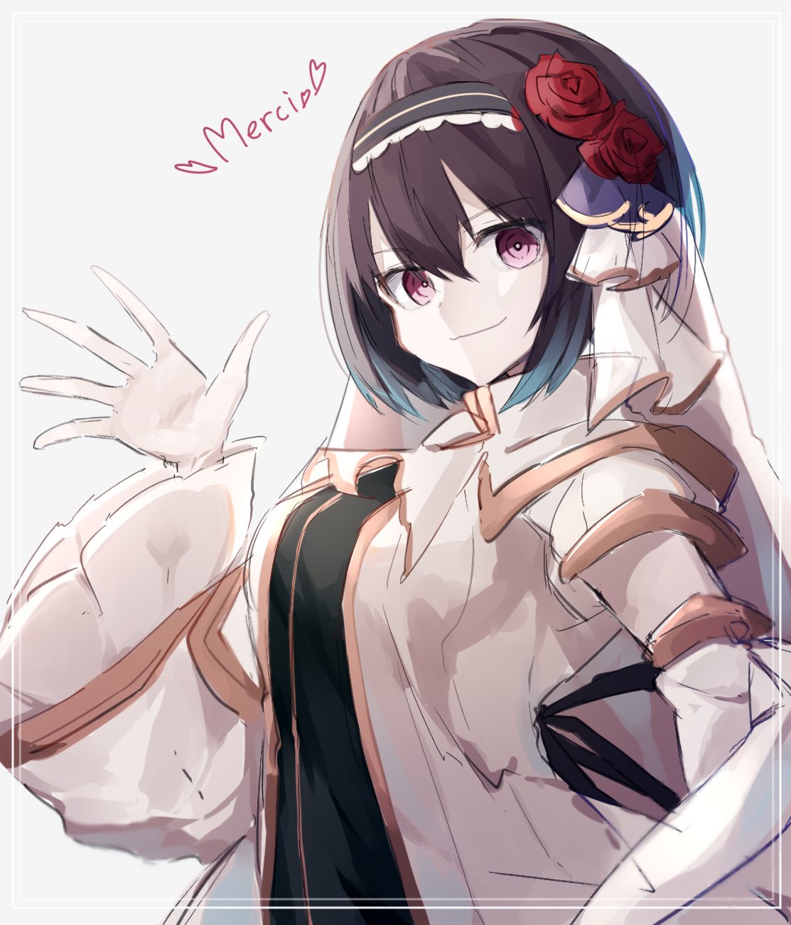 1girl, bad_id, bad_twitter_id, brown_hair, closed_mouth, detached_sleeves, dress, flower