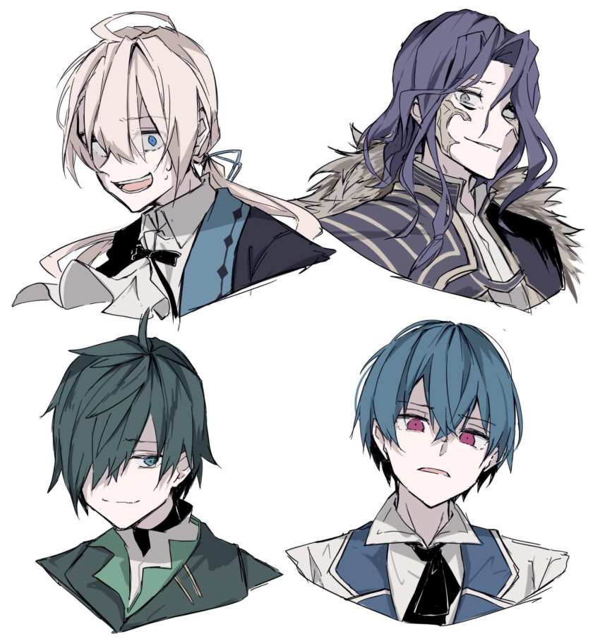 4boys, aqua_hair, blonde_hair, blue_coat, blue_eyes, blue_hair, blue_vest, coat, ex_(grimms_notes), ex_(original)_(grimms_notes), fur_trim, green_hair, grey_eyes, grimms_notes, grin, half-closed_eyes, highres, iumi_urura, loki_(grimms_notes), loki_(original)_(grimms_notes), long_hair, looking_at_viewer, male_focus, multiple_boys, open_mouth, pink_eyes, ponytail, romeo_(grimms_notes), romeo_(original)_(grimms_notes), short_hair, simple_background, smile, source_request, sweatdrop, teeth, tim_(grimms_notes), upper_body, vest, white_background