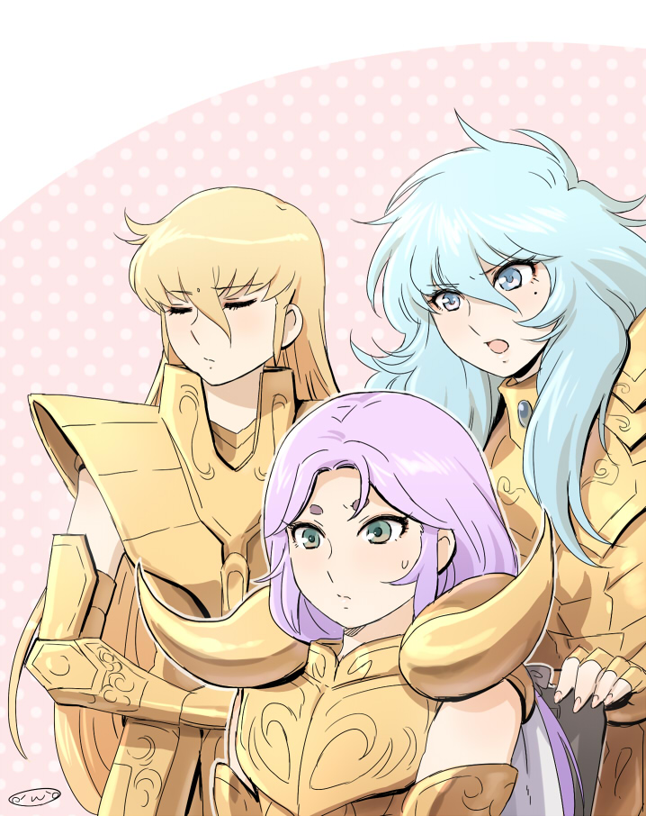 3boys, aries_muu, armor, bindi, blonde_hair, blue_eyes, blue_hair, cowboy_shot