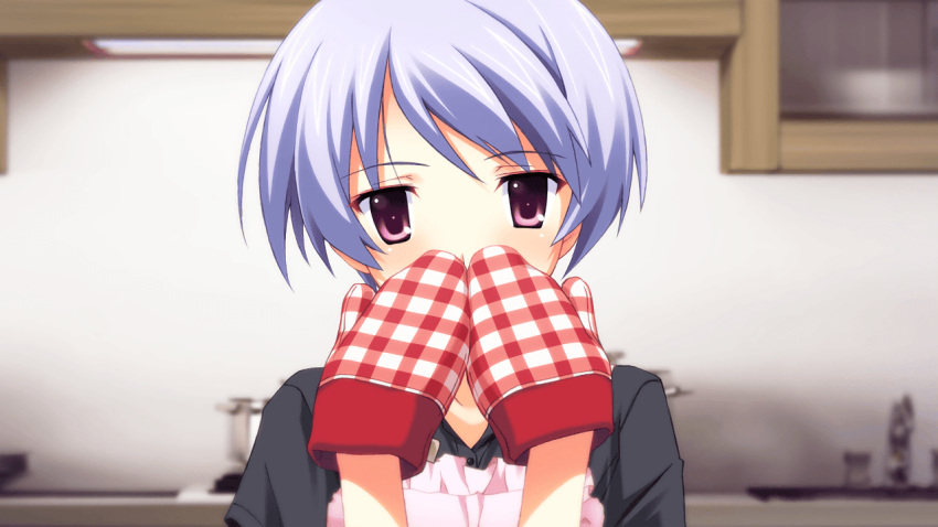 1girl, 3d_background, apron, bird, black_shirt, blue_hair, blush, chaos;head