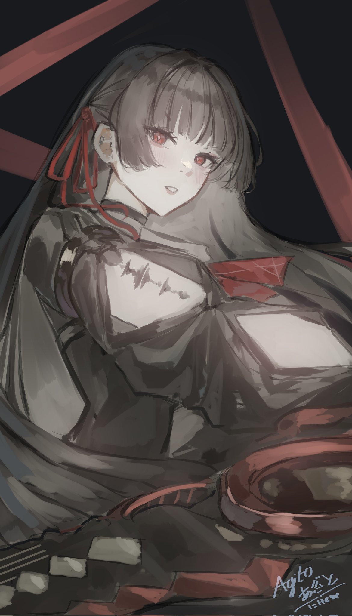 1girl, agito_(agitoishere), arm_cutout, black_choker, black_hair, black_shirt, chisa_(wuthering_waves), choker, commentary, from_side, hair_ribbon, hashtag-only_commentary, highres, holding, holding_sword, holding_weapon, long_hair, looking_at_viewer, looking_to_the_side, parted_lips, red_eyes, red_ribbon, ribbon, shirt, signature, solo, sword, tacet_mark_(wuthering_waves), very_long_hair, weapon, wuthering_waves