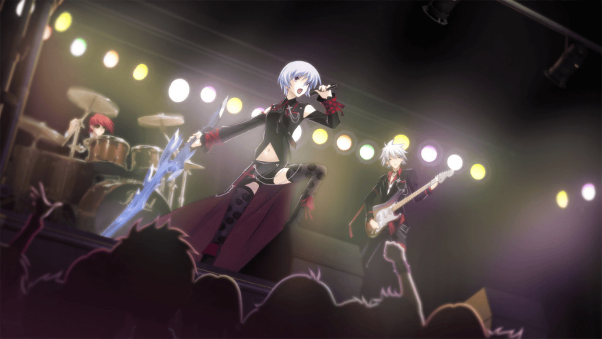 1girl, 2boys, aiguillette, belted_skirt, black_boots, black_dress, black_thighhighs, blue_hair