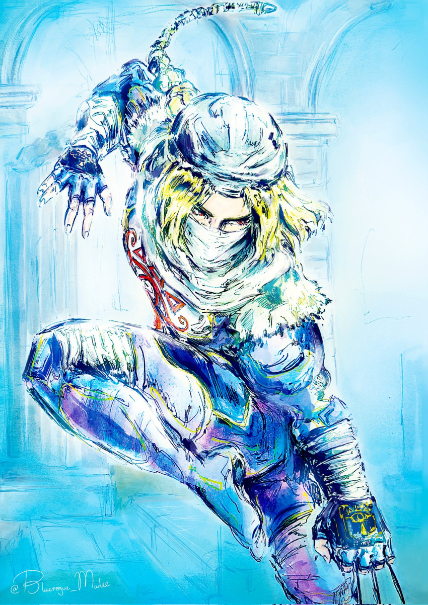 1girl, bandages, blonde_hair, blueroguemarl, braid, claw_(weapon), fighting_stance, fingerless_gloves