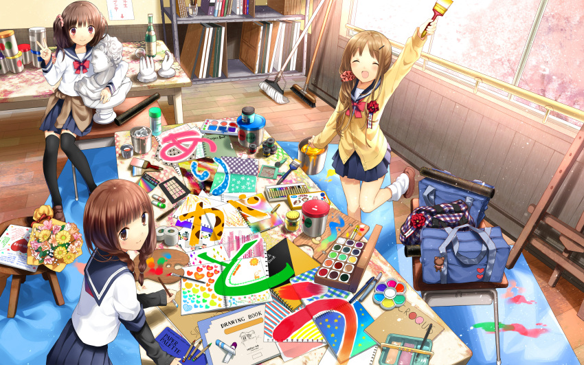 3girls, absurdres, arm_up, bag, black_legwear, bouquet, braid, brown_eyes