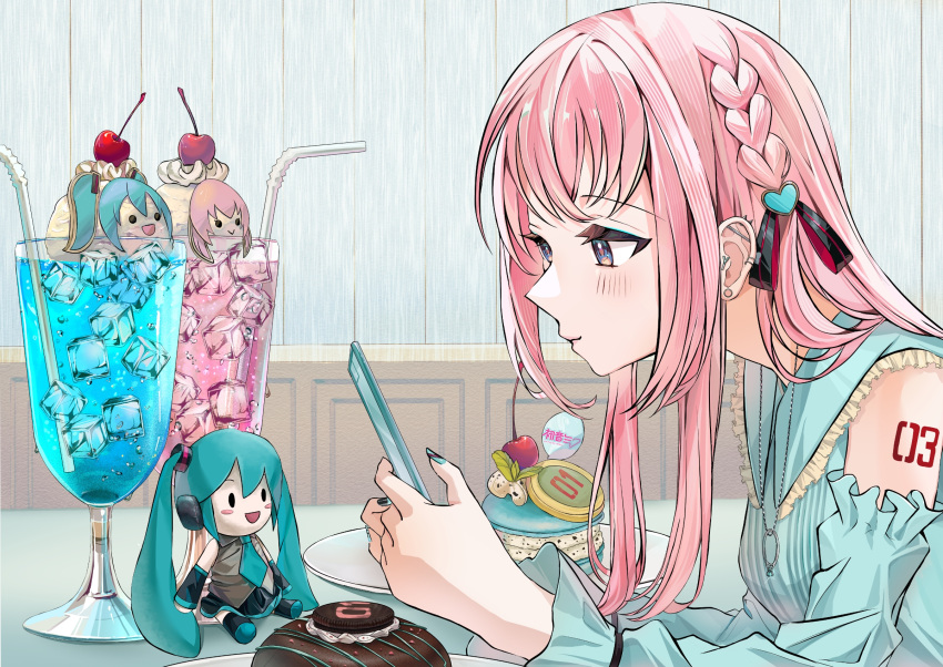 1girl, alternate_costume, aqua_dress, aqua_eyes, aqua_nails, black_ribbon, blush, braid, breasts, character_doll, character_name, cherry, collar, commentary, cup, dessert, detached_sleeves, dress, drinking_glass, drinking_straw, ear_piercing, earrings, eyelashes, food, frilled_collar, frills, from_side, fruit, hair_flowing_over, hair_ornament, hair_ribbon, hatsune_miku, heart, heart_hair_ornament, highres, holding, holding_phone, hurricane_glass, ice, ice_cube, indoors, jewelry, leaning_forward, long_hair, long_sidelocks, long_sleeves, looking_at_object, macaron, medium_breasts, megurine_luka, necklace, phone, piercing, pink_hair, plate, ramika_(ramika0606), red_ribbon, ribbon, ring, ring_necklace, shoulder_tattoo, side_braid, sidelocks, sleeveless, sleeveless_dress, solo, stud_earrings, taking_picture, tattoo, two-sided_ribbon, vocaloid, whipped_cream