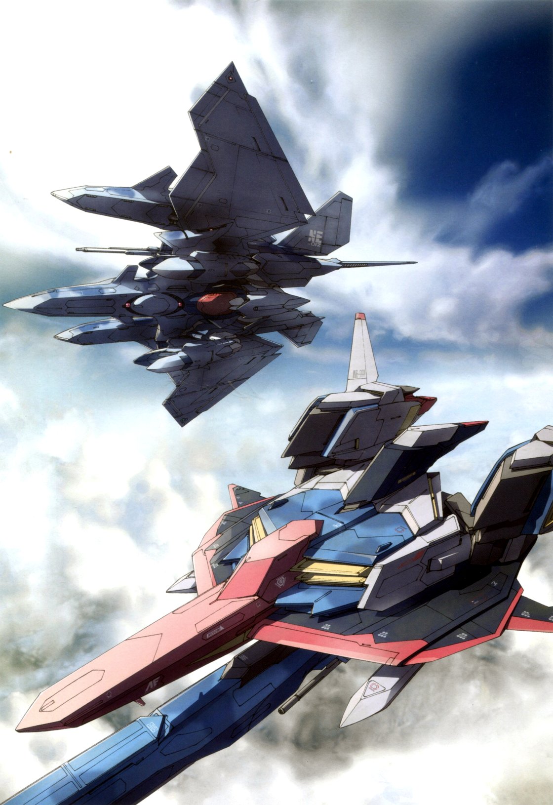 anaheim_electronics, beam_cannon, clouds, cloudy_sky, commentary_request, day, flying, gundam