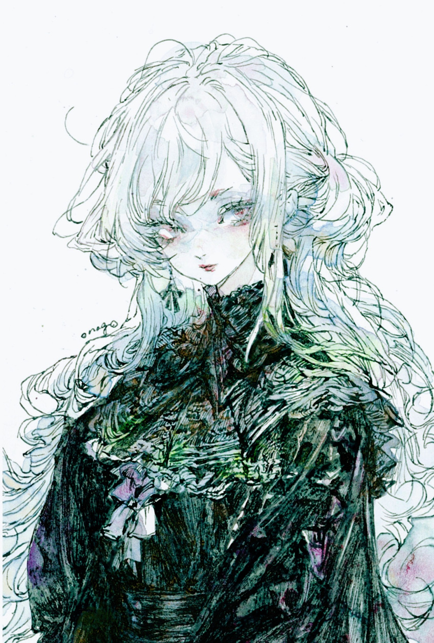 1girl, 7na5go, black_dress, dress, highres, long_hair, looking_at_viewer, original, red_eyes, signature, wavy_hair, white_background, white_hair