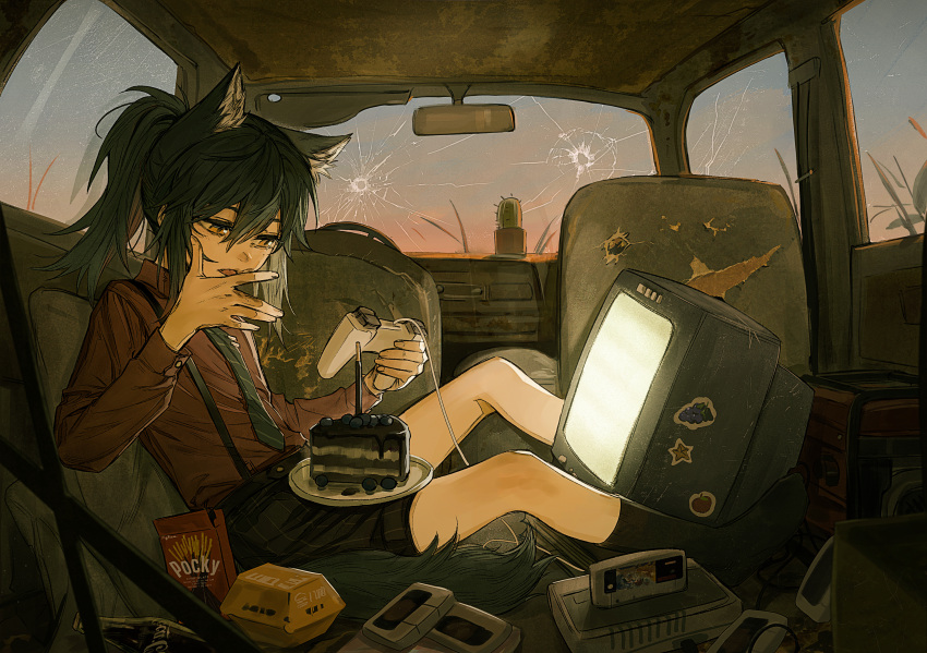 1girl, absurdres, animal_ears, arknights, black_shorts, black_socks, broken_window, bullet_hole, cactus, cake, cake_slice, car_interior, chinese_commentary, collared_shirt, commentary_request, controller, crt, deatiose, evening, food, from_side, game_cartridge, game_console, green_necktie, hand_up, highres, holding, holding_controller, licking_own_finger, long_sleeves, looking_at_food, necktie, object_on_lap, outstretched_legs, plant, playing_games, pocky, ponytail, potted_plant, red_shirt, shirt, shorts, sitting, socks, soda_bottle, solo, suspender_shorts, suspenders, tail, texas_(arknights), texas_(willpower)_(arknights), video_game, wolf_ears, wolf_girl, wolf_tail, yellow_eyes