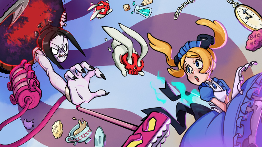 2girls, alice_(alice_in_wonderland), alice_(alice_in_wonderland)_(cosplay), apron, biscuit_(bread), bloody_marie_(skullgirls), blue_fire, cosplay, cup, eye_socket, fire, hair_ornament, highres, hisako_(killer_instinct)_cosplay, hospital_gown, madamerinrin, maid, maid_apron, maid_headdress, mask, multiple_girls, painwheel_(skullgirls), plate, pocket_watch, potion, reaching, reaching_towards_another, saucer, scar, short_hair, skull, skull_hair_ornament, skullgirls, stitched_mouth, stitches, teacup, twintails, vacuum_cleaner, veins, watch