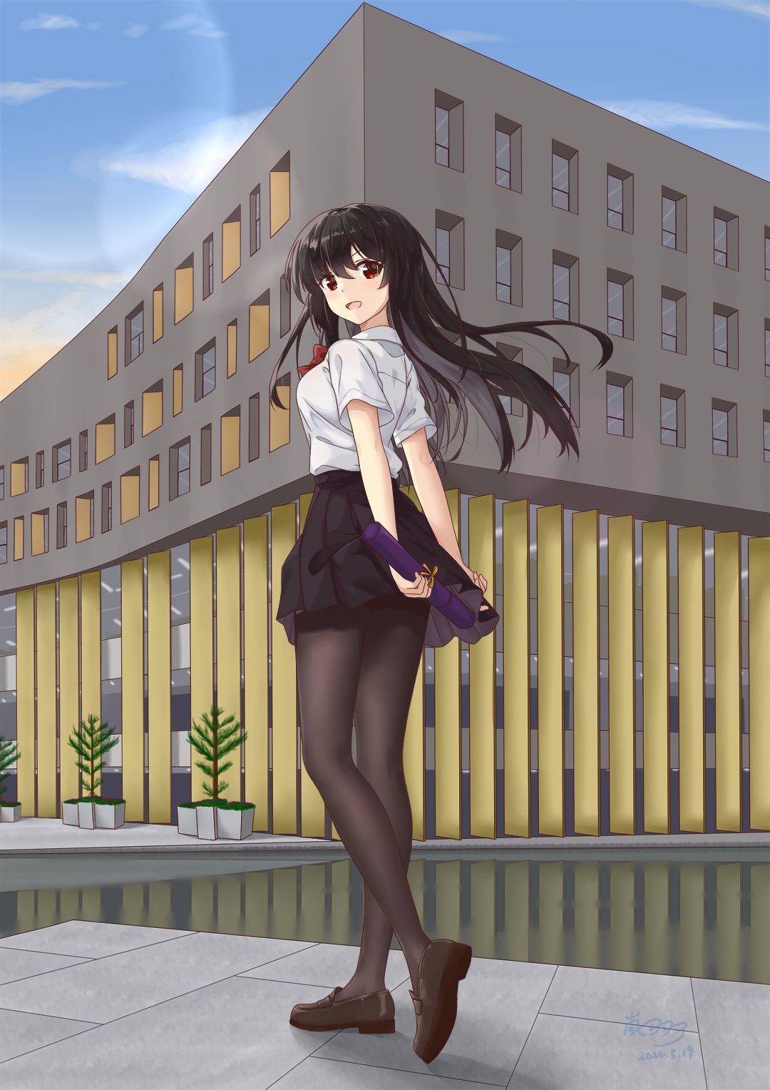 1girl, arashiu1216, black_hair, black_skirt, bow, highres, loafers, original, pantyhose, red_bow, red_eyes, school_uniform, shirt, shoes, skirt, standing, white_shirt