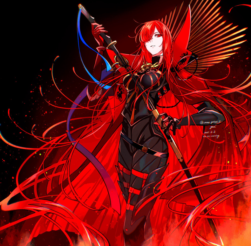armor, black_bodysuit, bodysuit, breasts, cape, collared_cape, crest, embers, family_crest, fate/grand_order, fate_(series), hair_over_one_eye, highres, holding, holding_sword, holding_weapon, large_breasts, long_hair, oda_nobunaga_(fate), oda_nobunaga_(maou_avenger)_(fate), red_cape, red_eyes, red_hair, sheath, sword, unsheathing, very_long_hair, weapon, wide_hips, yui_(tamagohan)
