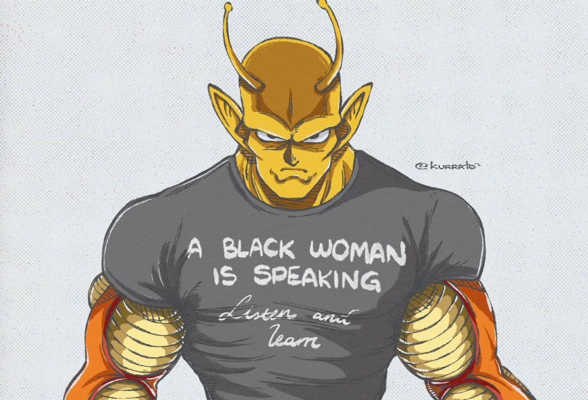 1boy, antennae, bald, black_shirt, closed_mouth, colored_skin, dragon_ball, frown