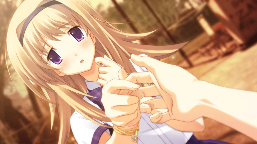 1boy, 1girl, black_hairband, blazer, blonde_hair, blurry, blurry_background, blush, bow, bowtie, bracelet, bracelet_pendant, brother_and_sister, chaos;head, chaos;head_love_chu_chu!, collared_shirt, dutch_angle, ears_visible_through_hair, embarrassed, fingernails, game_cg, hairband, hand_up, holding_hands, jacket, jewelry, long_hair, looking_at_viewer, matsuo_yukihiro, nishijou_nanami, nishijou_takumi, non-web_source, official_art, open_mouth, outdoors, outstretched_hand, pink_lips, plaid_bow, plaid_bowtie, plaid_clothes, plaid_skirt, plaid_sleeves, plaid_trim, pleated_skirt, pov, pov_hands, school_emblem, school_uniform, shiny_eyes, shiny_lips, shirt, short_sleeves, siblings, skirt, snowflake_pendant, solo, stray_hair, suimei_academy, suimei_school_uniform, suimei_summer_uniform, tongue, violet_eyes