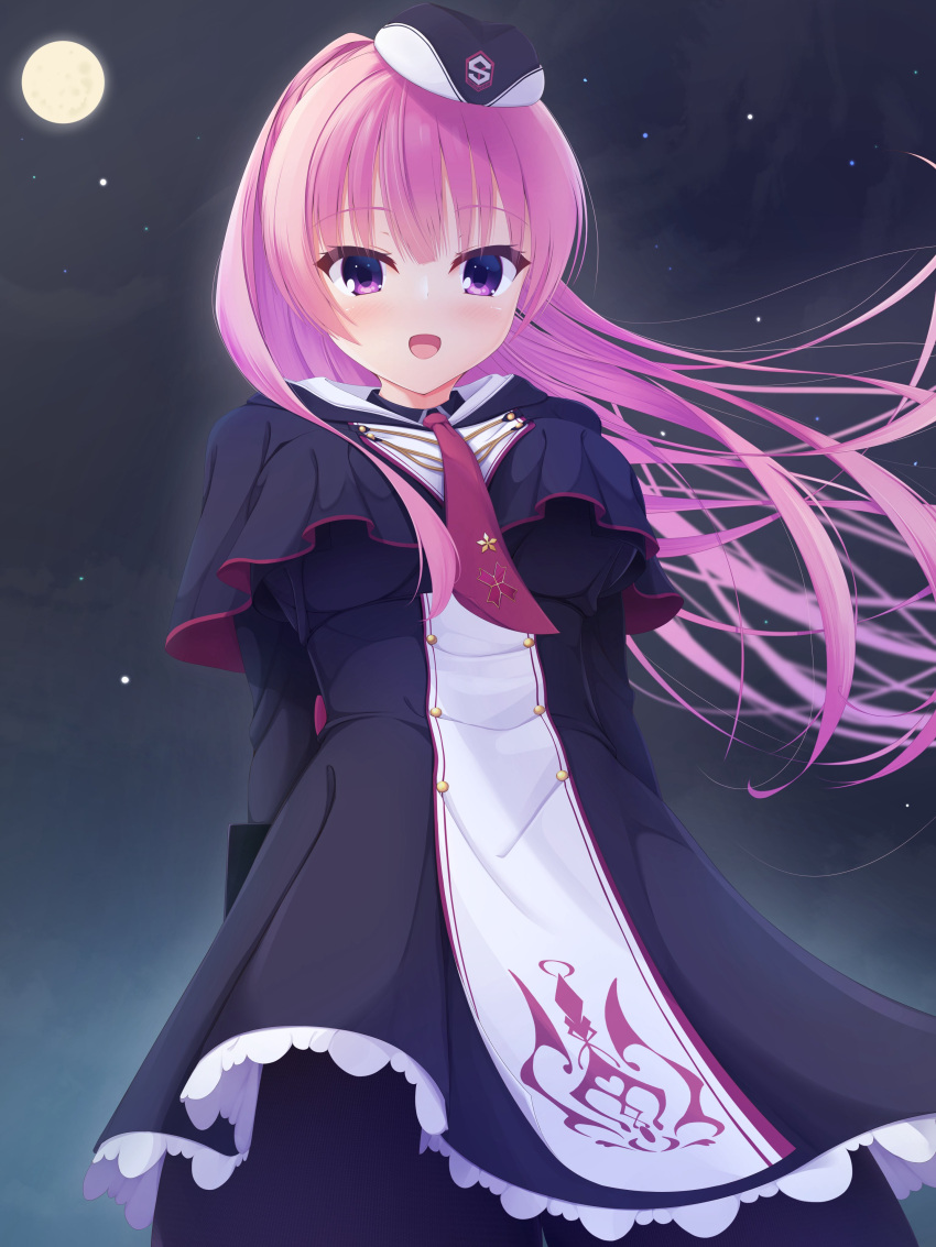 1girl, :d, absurdres, arihara_nanami, arihara_nanami_(cosplay), arms_behind_back, between_breasts, black_capelet, black_dress, black_hat, blunt_bangs, blush, breasts, capelet, commentary_request, cosplay, cowboy_shot, dress, eyelashes, floating_hair, foreshortening, frilled_dress, frills, from_below, full_moon, garrison_cap, hair_between_eyes, happy, hat, highres, impossible_clothes, large_breasts, long_hair, long_sleeves, looking_at_viewer, mitsukasa_ayase, moon, necktie, necktie_between_breasts, night, night_sky, open_mouth, outdoors, pink_hair, red_necktie, reiji_tsukimi, riddle_joker, short_dress, sky, smile, solo, very_long_hair, violet_eyes