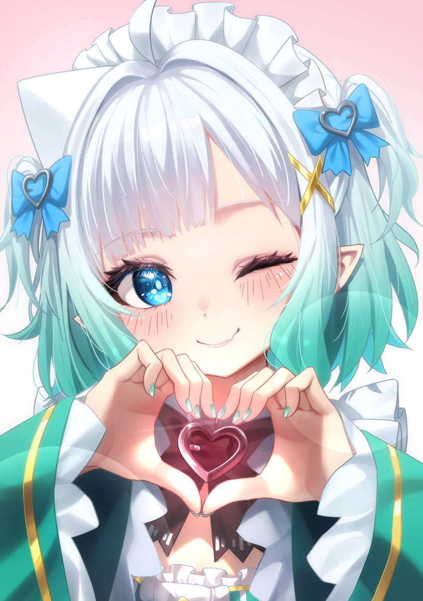 1girl, ;), absurdres, blue_bow, blue_eyes, blunt_bangs, bow, bowtie