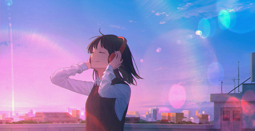 1girl, absurdres, black_hair, black_vest, blue_sky, city, closed_eyes, closed_mouth