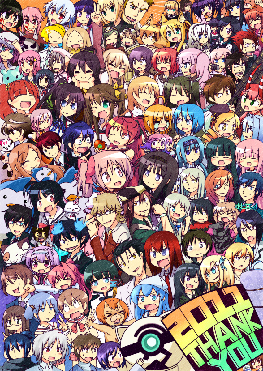 2011, 6+boys, 6+girls, a_channel, ahoge, aioi_yuuko, animal_ears, ano_hi_mita_hana_no_namae_wo_bokutachi_wa_mada_shiranai., ao_no_exorcist, apple, barnaby_brooks_jr., ben-tou, black_hair, blonde_hair, blood, blood-c, blood_on_face, blue_eyes, blue_hair, blush, boku_wa_tomodachi_ga_sukunai, brown_eyes, brown_hair, butterfly_hair_ornament, c_(control), camera, character_request, closed_eyes, commentary_request, copyright_request, crying, cube_x_cursed_x_curious, denpa_onna_to_seishun_otoko, dog_days, double_v, facial_hair, fate/zero, fate_(series), flower, food, fractale, frilled_hairband, frills, fruit, gasai_yuno, gdgd_fairies, glasses, goggles, goggles_on_head, gosick, green_eyes, grey_eyes, grey_hair, guilty_crown, gundam, gundam_age, gyakkyou_burai_kaiji:_ultimate_survivor, hair_between_eyes, hair_flower, hair_ornament, hair_over_eyes, hair_ribbon, hairband, hanasaku_iroha, hat, highres, holding, holding_camera, holding_food, holding_fruit, horns, houkago_no_pleiades, is_-_otoko_demo_onna_demo_nai_sei, itsuka_tenma_no_kuro_usagi, jewelpet_(series), jewelpet_sunshine, kaburagi_t._kotetsu, kaiji, kami-sama_no_memo-chou, kamisama_dolls, kaname_madoka, kore_wa_zombie_desu_ka?, kyoukaisenjou_no_horizon, kyubey, last_exile:_gin'yoku_no_fam, mahou_shoujo_madoka_magica, mahou_shoujo_madoka_magica_(anime), maji_de_watashi_ni_koi_shinasai!, makise_kurisu, mashiroiro_symphony, mashiroiro_symphony:_the_color_of_lovers, mawaru_penguindrum, mayo_chiki!, mirai_nikki, mobile_suit_gundam_age, morita-san_wa_mukuchi, moshi_koukou_yakyuu_no_joshi_manager_ga_drucker_no_"management"_wo_yondara, multiple_boys, multiple_girls, naganohara_mio, necktie, nekogami_yaoyorozu, nichijou, no.6, okabe_rintarou, one_eye_closed, oniichan_no_koto_nanka_zenzen_suki_janain_dakara_ne!!, open_mouth, orange_hair, phi_brain_puzzle_of_god, pink_eyes, pink_hair, ponytail, precure, pretty_rhythm, pretty_rhythm_aurora_dream, pretty_series, purple_hair, purple_necktie, red_hair, ribbon, rou-kyuu-bu!, sacred_seven, sailor_collar, school_uniform, shinryaku!_ikamusume, smile, star_(symbol), star_hair_ornament, steins;gate, streaming_tears, suite_precure, sweatdrop, tears, tige, tiger_&amp;_bunny, tokisadame_school_uniform, un-go, usagi_drop, uta_no_prince-sama, uta_no_prince-sama_maji_love_2000_percent, v, violet_eyes, working!!, yellow_eyes, yondemasu_yo_azazel-san., yumekui_merry, yuru_yuri