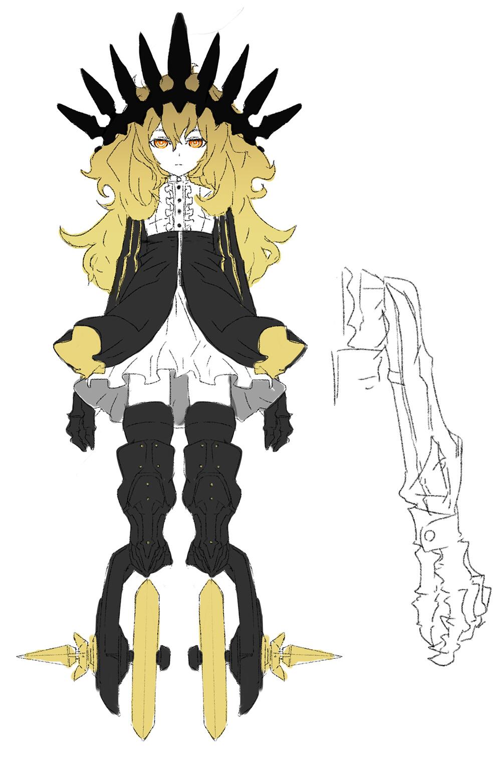 1girl, black_crown, black_rock_shooter, blonde_hair, chariot_(black_rock_shooter), claws, concept_art, crown