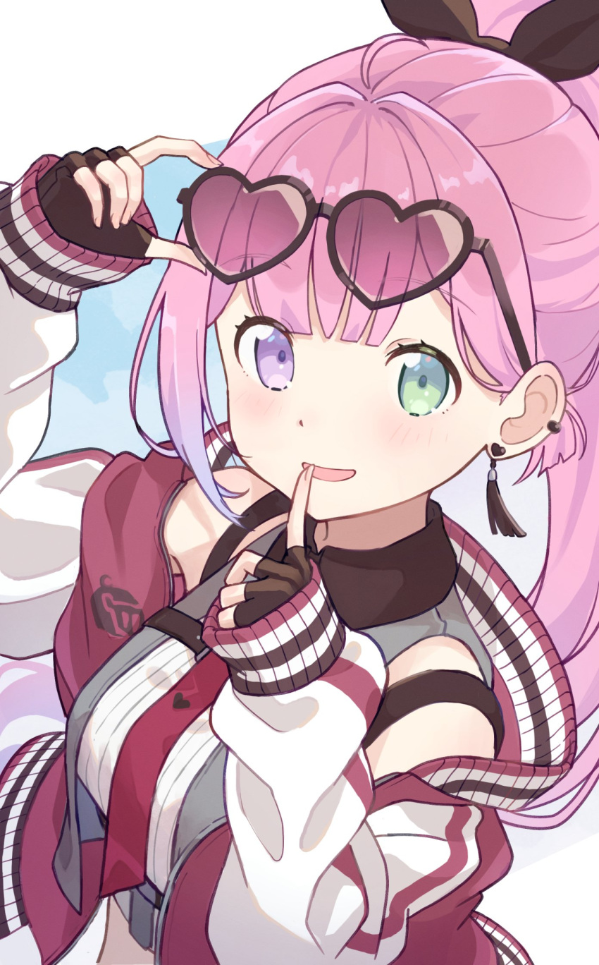 1girl, ahoge, black-framed_eyewear, black_ribbon, crop_top, earrings, finger_to_mouth, fingerless_gloves