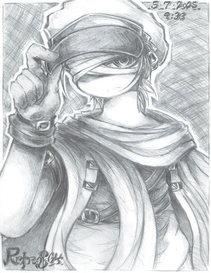 1boy, absurdres, bandages, belt, belt_buckle, black_belt, buckle, cloak, dated, gloves, graphite_(medium), greyscale, hat, highres, monochrome, newsboy_cap, non-web_source, one_eye_covered, original, retros64, scarf, shaded_face, signature, sketch, sleeveless, solo, traditional_media