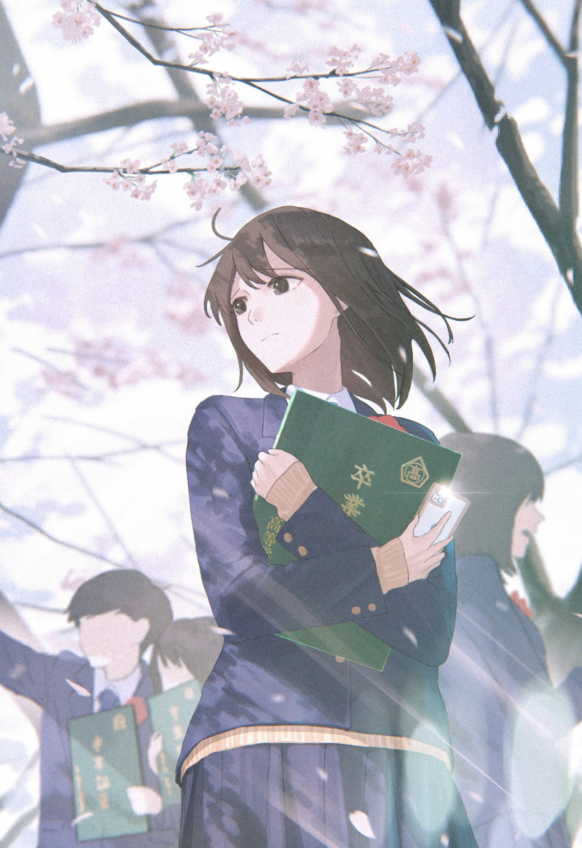 1boy, 3girls, absurdres, antenna_hair, blazer, brown_eyes, brown_hair, camera_flash