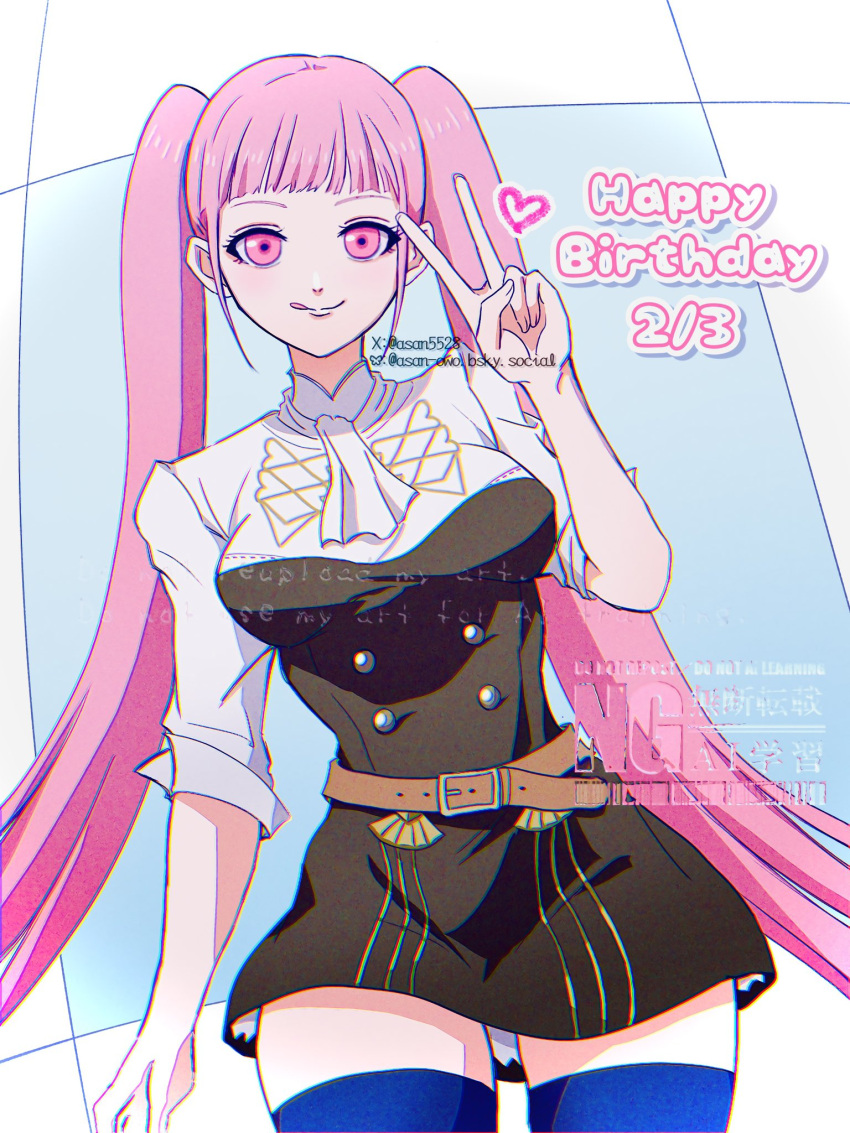 asan5528, ascot, belt, breasts, dress, fire_emblem, fire_emblem:_three_houses, garreg_mach_monastery_uniform, highres, hilda_valentine_goneril, large_breasts, pantyhose, pink_eyes, pink_hair, sleeves_rolled_up, thighs, tongue, tongue_out, twintails, v