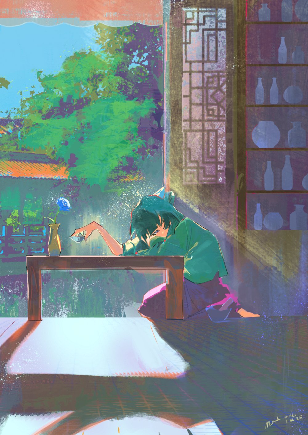 1girl, barefoot, blue_flower, blue_rose, chinese_clothes, flower, flower_pot, green_hair