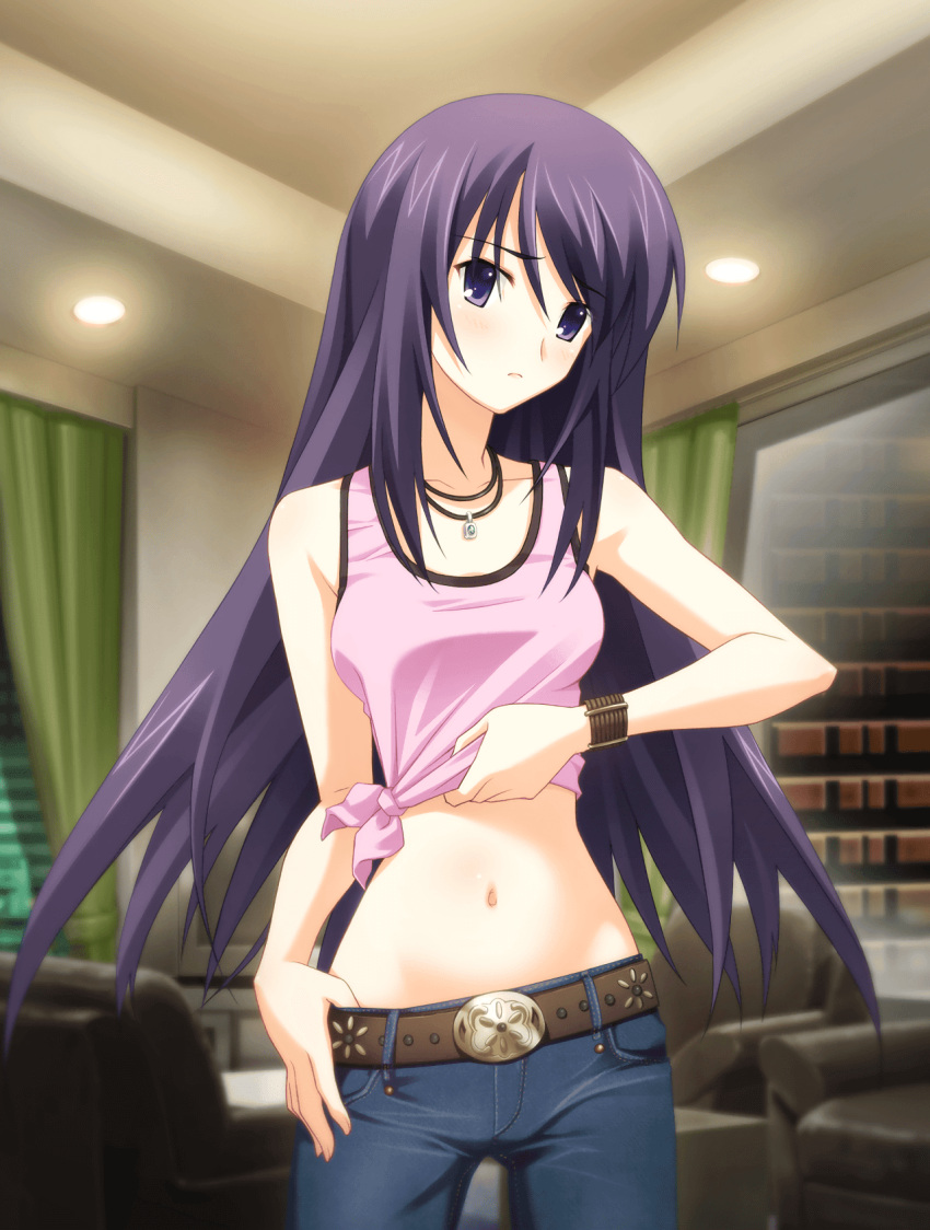 1girl, aoi_sena, armchair, bare_shoulders, belt, belt_buckle, black_collar, blue_pants