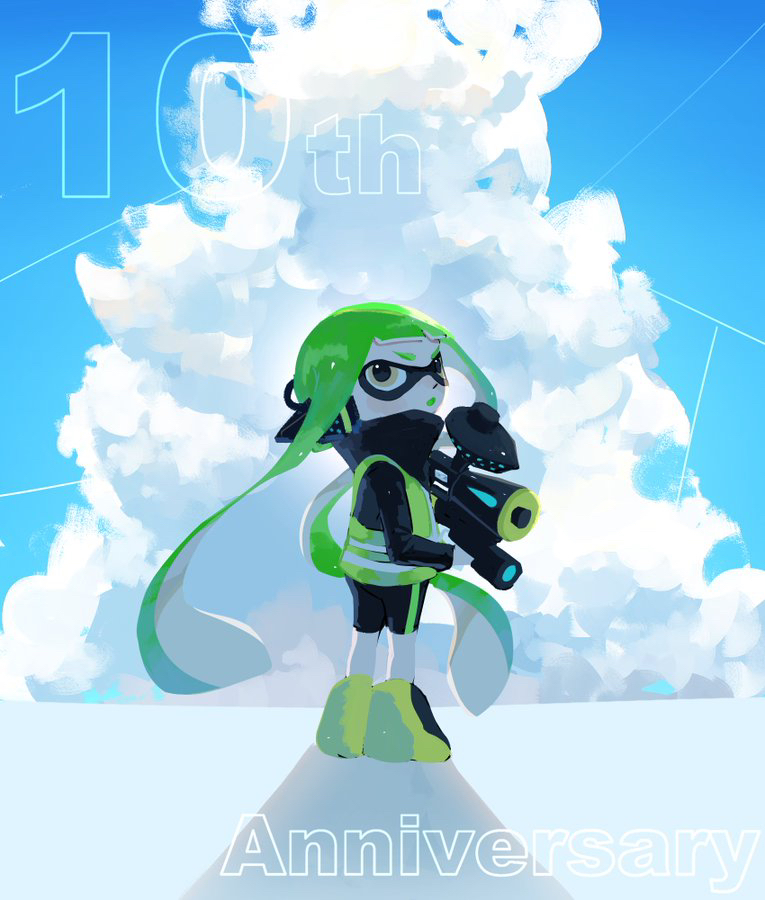 1girl, agent_3_(splatoon), anniversary, bike_shorts, blue_sky, clouds, commentary_request, cumulonimbus_cloud