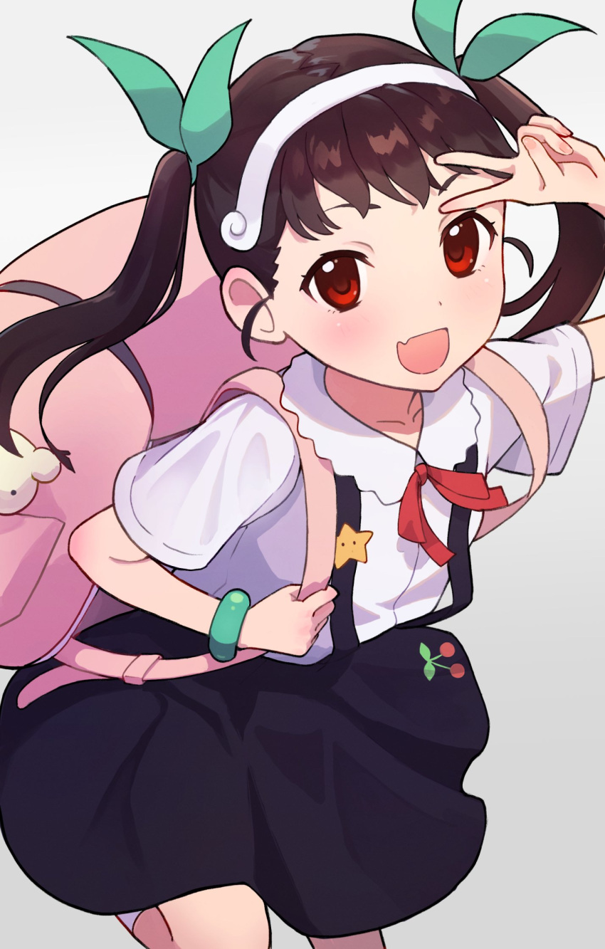 1girl, :d, backpack, bag, black_hair, fang, green_ribbon, hachikuji_mayoi, hair_ribbon, hairband, highres, mochigome_19, monogatari_(series), neck_ribbon, pink_bag, red_eyes, red_ribbon, ribbon, shirt, simple_background, skin_fang, skirt, smile, socks, suspender_skirt, suspenders, twintails, v, white_hairband, white_shirt, white_socks