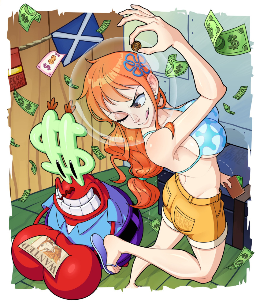 1boy, 1girl, banknote, bikini, bikini_top_only, blue_bikini, blue_shirt, brown_eyes