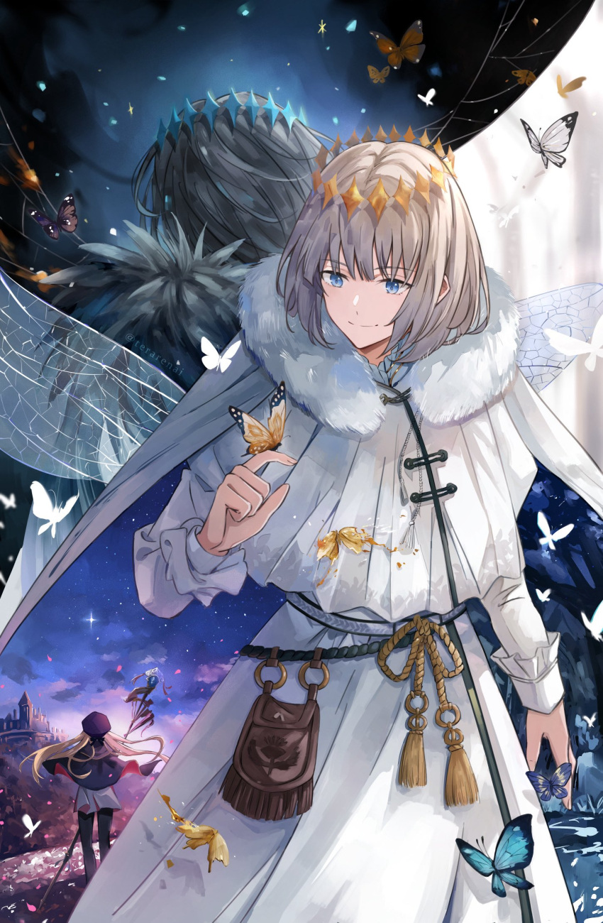 1girl, 2boys, arm_at_side, artoria_caster_(fate), artoria_caster_(second_ascension)_(fate), artoria_pendragon_(fate), back-to-back, belt_pouch