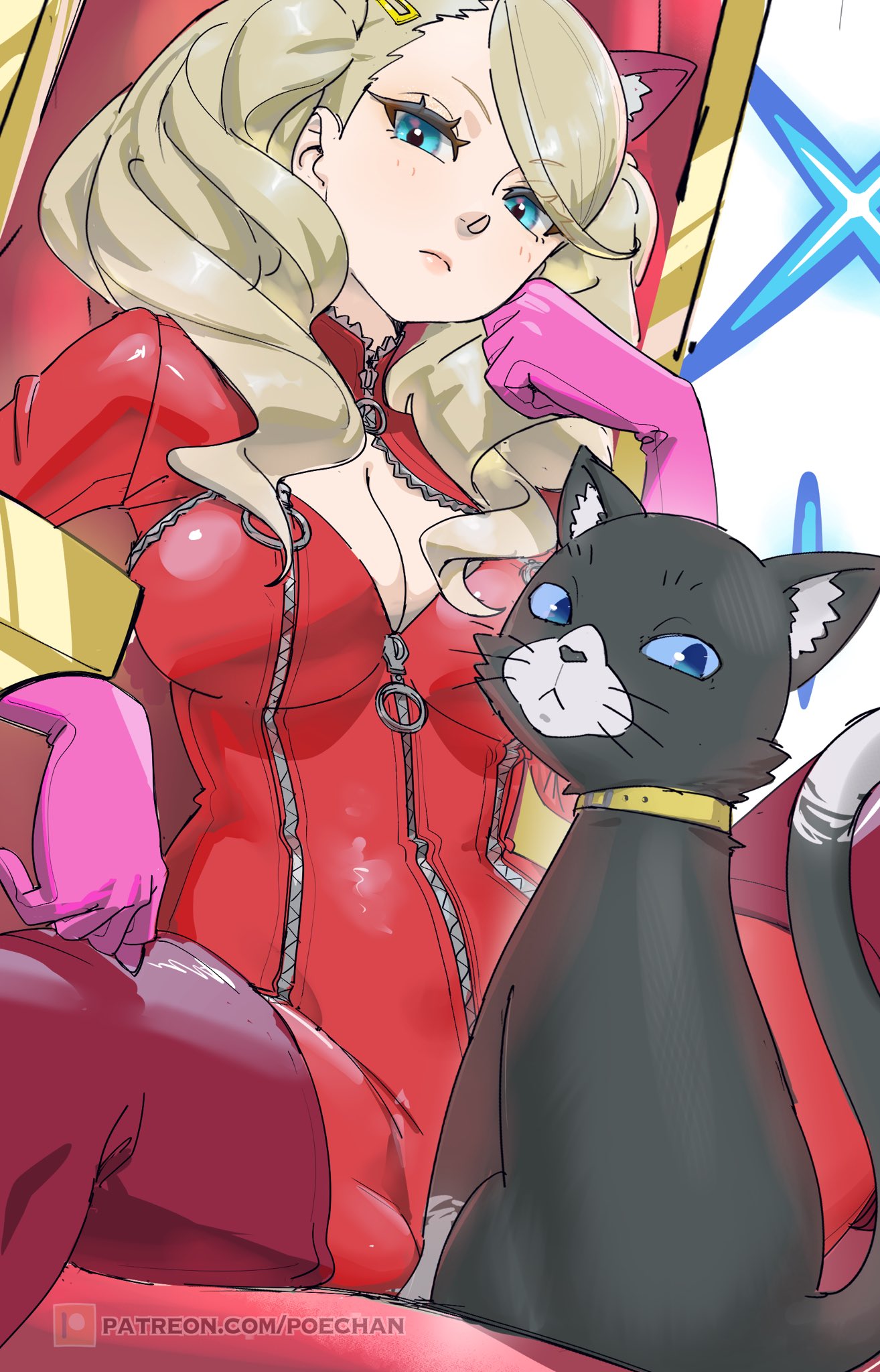animal_ears, blonde_hair, blue_eyes, bodysuit, boots, breasts, cat_ears, gloves, highres, large_breasts, latex, latex_bodysuit, latex_gloves, latex_legwear, morgana_(persona_5), persona, persona_5, pink_gloves, poechan_chan, red_boots, red_cat, takamaki_anne, throne, twintails, zipper