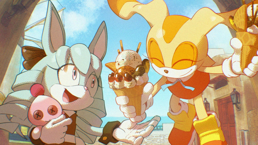 2girls, animal_ears, anya_the_rabbit, blue_fur, blue_hair, blue_sky, brown_dress, brown_fur