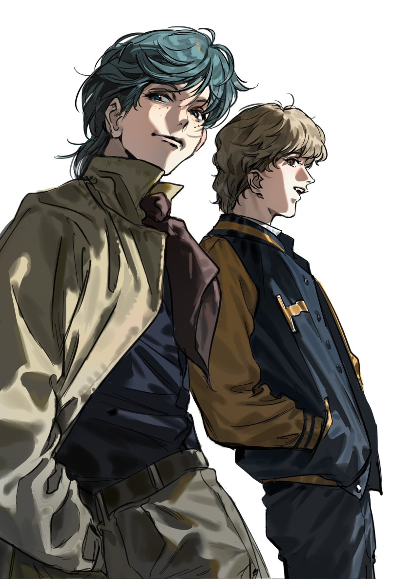 2boys, belt, black_pants, blonde_hair, blue_jacket, blue_shirt, brown_belt, brown_eyes
