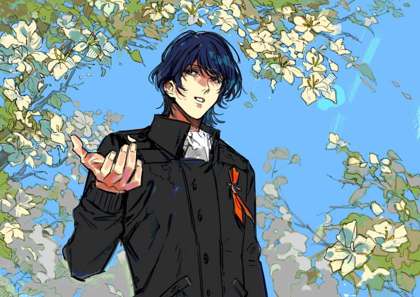 1boy, ascot, black_jacket, blue_eyes, blue_hair, blue_sky, buttons, chinese_commentary