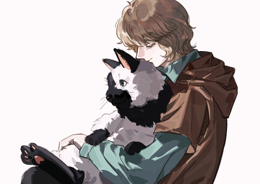1boy, admiral_(gin'eiden), animal, aqua_shirt, blonde_hair, brown_jacket, cat, closed_eyes