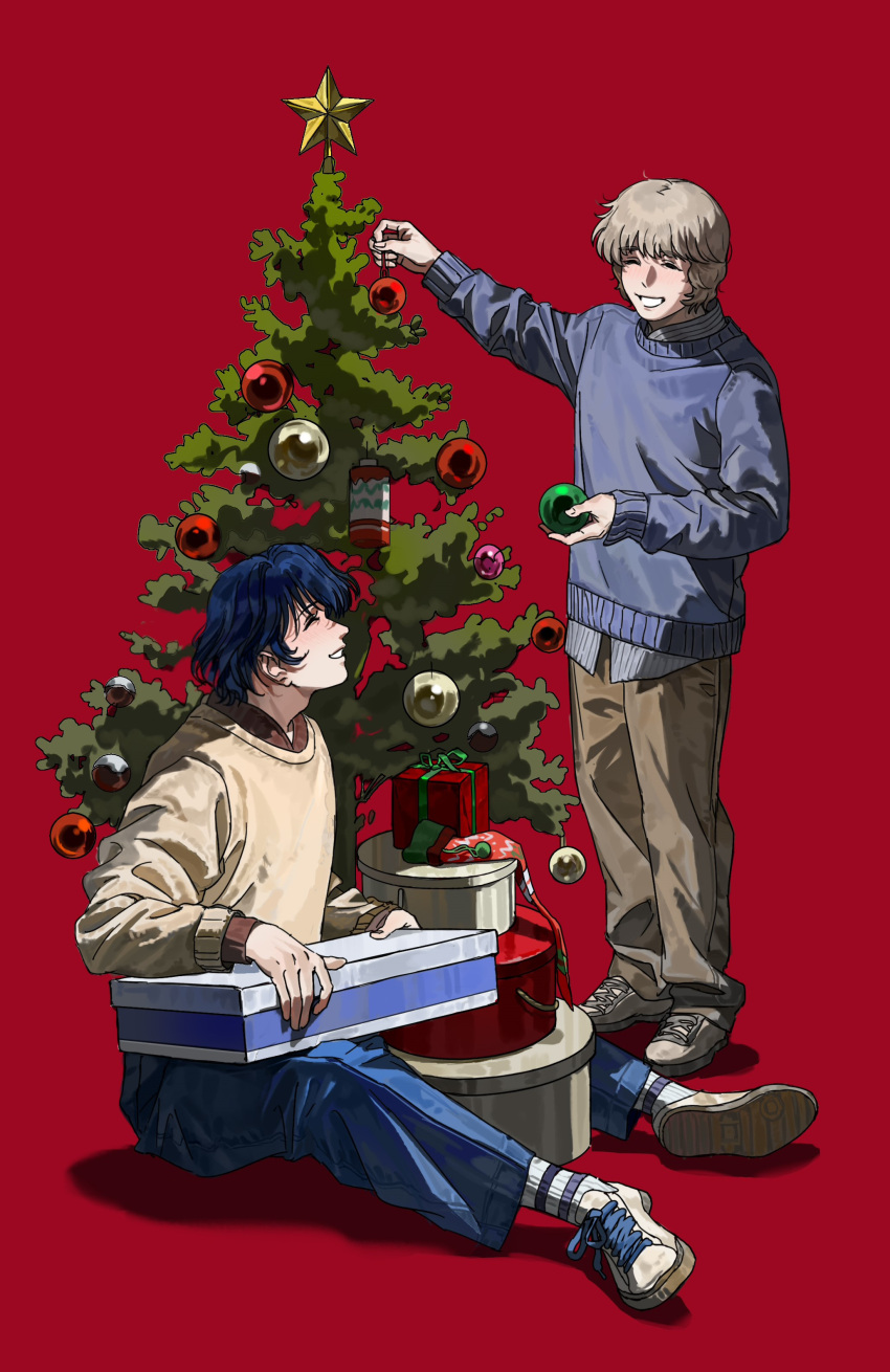 2boys, ^_^, absurdres, arm_up, between_legs, blonde_hair, blue_pants, blue_sweater