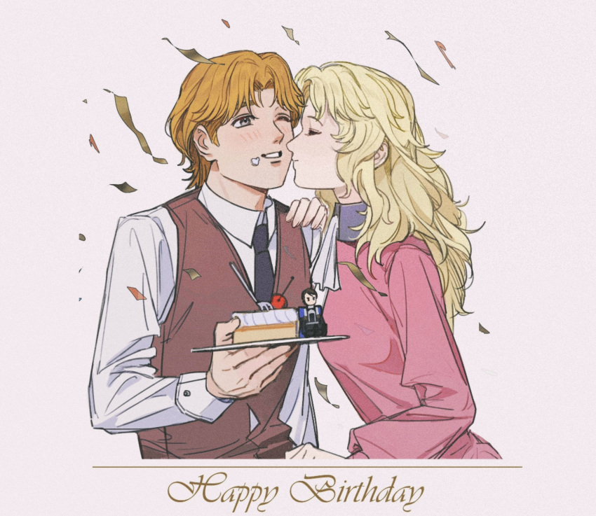 1boy, 1girl, ascot, blonde_hair, blue_necktie, blush, breasts, cake