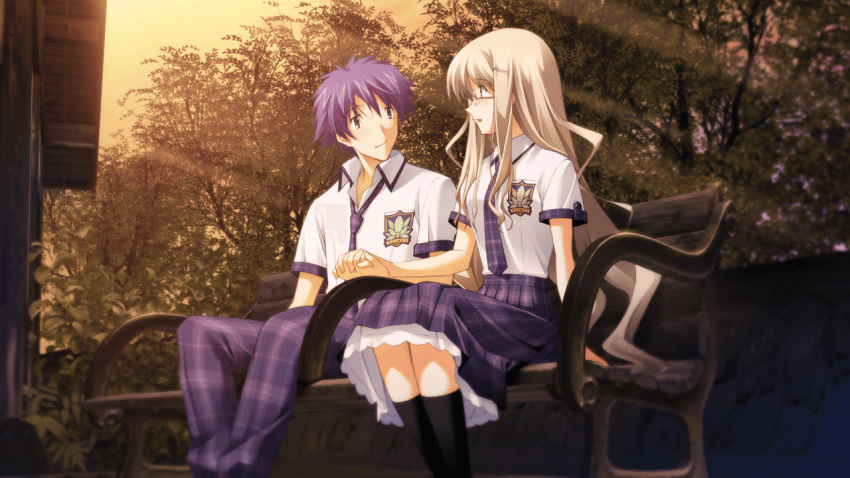 1boy, 1girl, bench, black_socks, blue_hair, breast_pocket, buttons, chaos;head, chaos;head_love_chu_chu!, collared_shirt, couple, ears_visible_through_hair, game_cg, glasses, green_eyes, green_hair, grey_eyes, hair_between_eyes, hair_ornament, hairpin, head_tilt, hetero, holding_hands, kneehighs, kusunoki_yua, leaf, long_hair, long_sidelocks, long_skirt, looking_at_another, looking_at_viewer, loose_necktie, matsuo_yukihiro, messy_hair, necktie, nishijou_takumi, non-web_source, official_art, on_bench, open_collar, open_mouth, outdoors, pants, park, plaid_clothes, plaid_necktie, plaid_pants, plaid_skirt, plaid_sleeves, plant, pleated_skirt, pocket, purple_necktie, purple_pants, purple_skirt, purple_sleeves, round_eyewear, school_emblem, school_uniform, shiny_eyes, shirt, short_hair, short_sleeves, sidelocks, sitting, skirt, smile, socks, spiky_hair, suimei_academy, suimei_school_uniform, suimei_summer_uniform, tree, white_petticoat, white_shirt