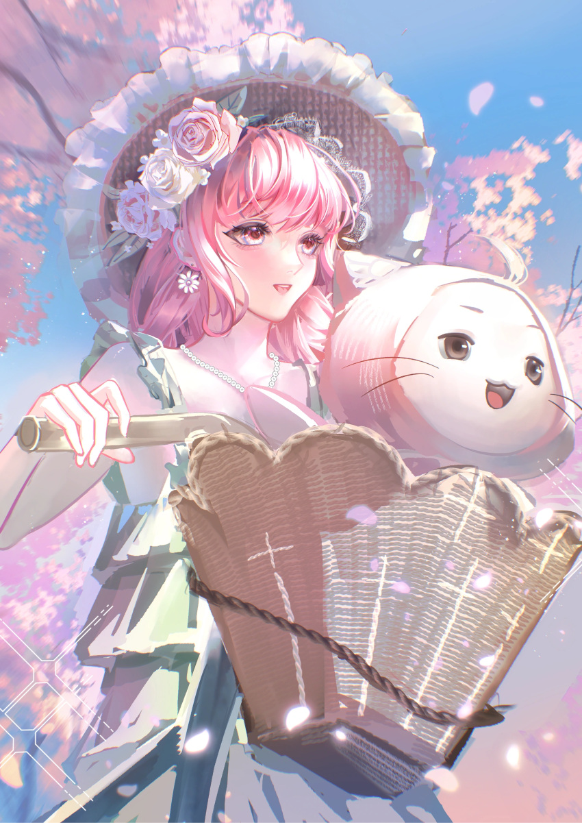 1girl, absurdres, ahoge, animal, bare_arms, bare_shoulders, bead_necklace, beads